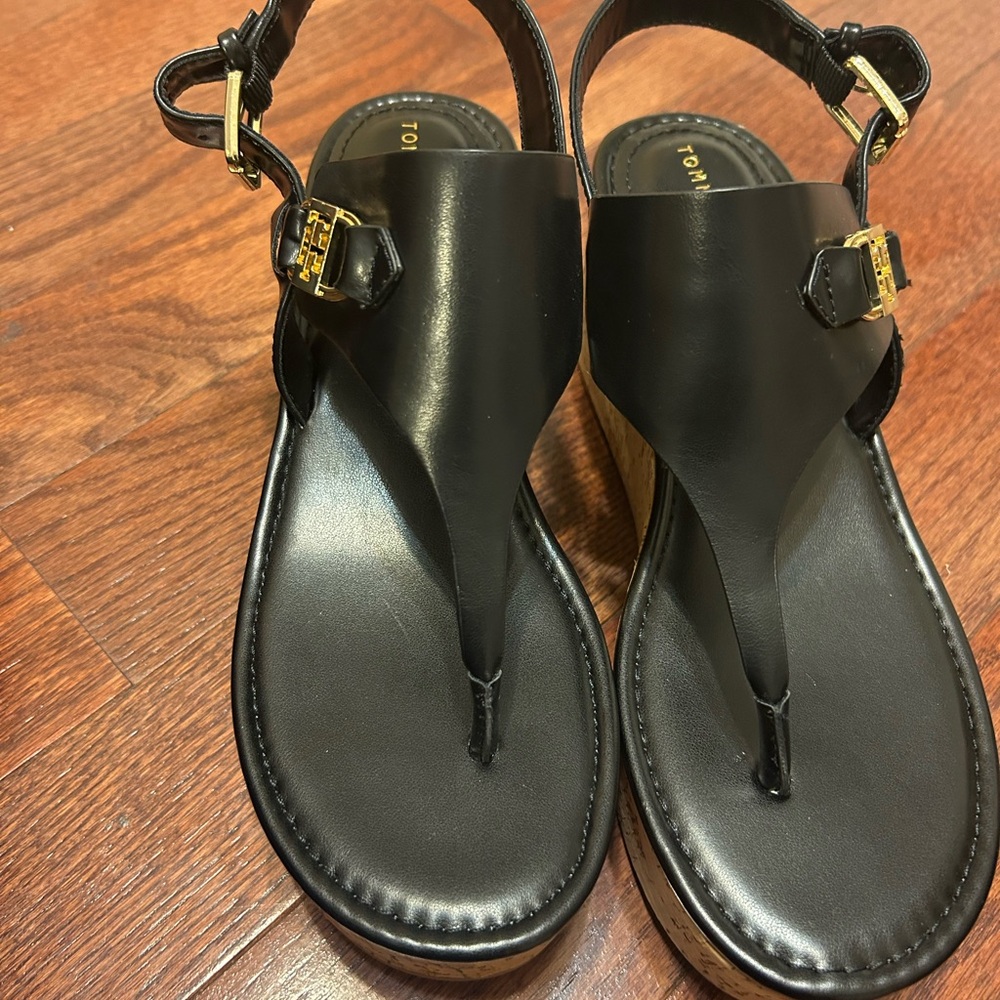 Tommy Hilfiger Black Sandals with Gold Accents
